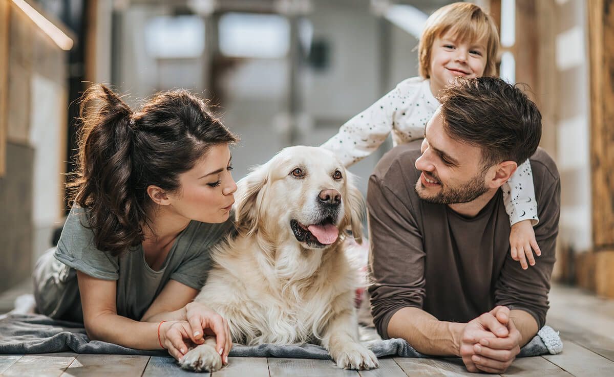 Santa Barbara family with happy golden Labrador dog and small boy.